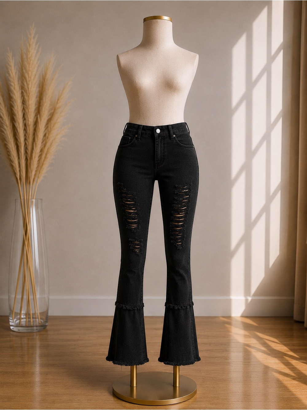 High-Rise Black Distressed Flare Jeans - Women